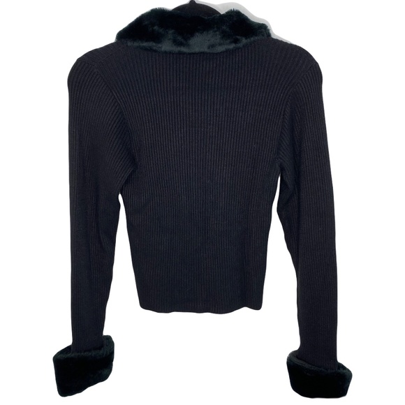 Cache Zip Embellished Vintage Ribbed Knit Y2K Sweater with Faux Fur Collar SizeM - Picture 4 of 6